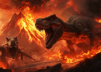 Jurassic dinosaurs fighting before extinction