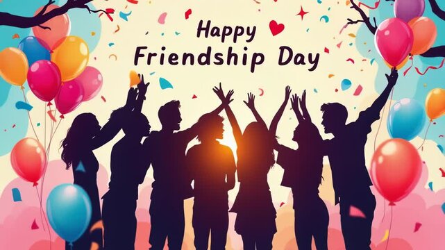 Celebrating Friendship Day: A Group of Silhouetted Friends Rejoicing with Balloons and Confetti