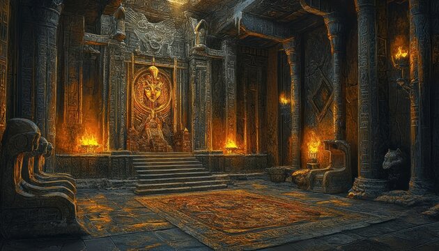 Ancient Sanctuary Chamber Illuminated by Eerie Flames and Glyphic Embellishments