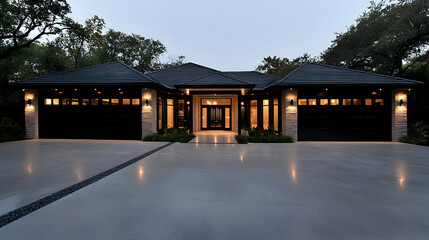 Modern house, dusk, driveway, trees