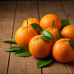 Fresh and vibrant oranges with green leaves on a rustic wooden table