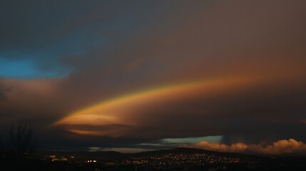Dramatic Rainbow Appears Above a City Skyline Under Dark Stormy Clouds At Dusk