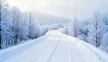 Serene snowy road winding through frost-covered trees, winter beauty