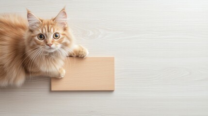 A cat is standing on a wooden board with a sign on it