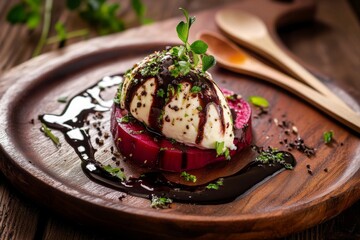 A trendy haute cuisine dish featuring a small, creatively presented portion on a large, rustic ceramic plate. Dish includes farm-to-table beet goat cheese salad with fresh herbs balsamic reduction