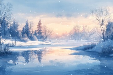 Fototapeta premium Winter landscape features a serene river reflecting a colorful sky at sunset, with snow and trees under a soft snowfall