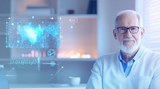 Senior Man with Modern Technology Interface at Home