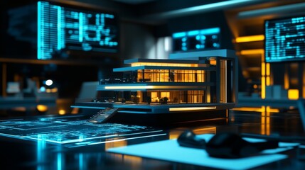 Obraz premium Modern Architectural Model on Desk with Digital Displays Background