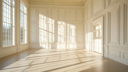 Bright, Pristine White Room with High Ceilings and Abundant Natural Light Streaming Through Windows