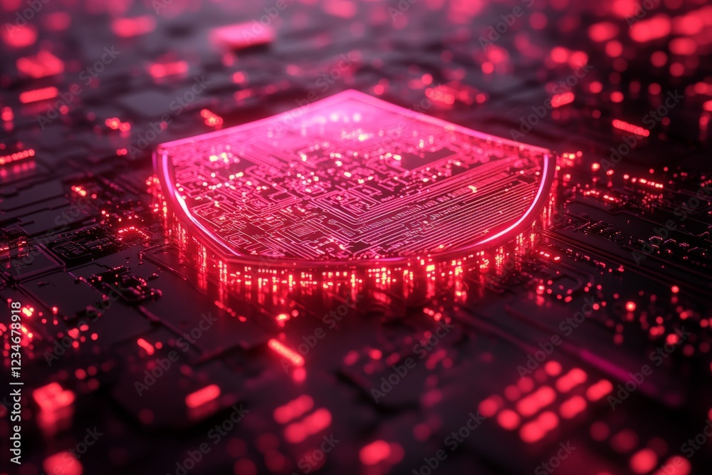 Poster bright red digital shield protecting a complex circuit board at night