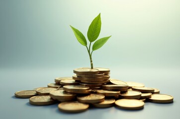 A small plant growing out of a pile of coins