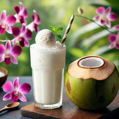 A glass of coconut shake with a purple orchid background