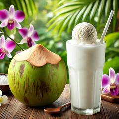 A glass of coconut shake with a purple orchid background