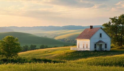 Obraz premium Tranquil farmhouse nestled among verdant rolling hills at the golden hour