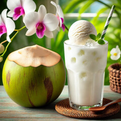 A glass of coconut shake with a purple orchid background