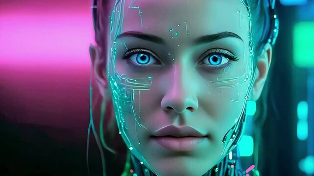 AI concept: robot portrait with female human face and visible data streams