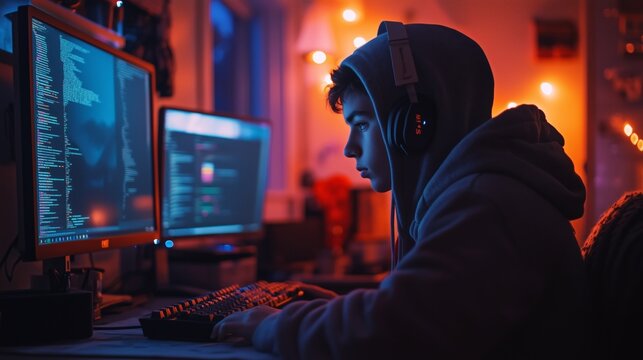 Teen in hoodie working on computer with code on dual monitors