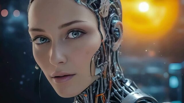 AI concept: robot portrait with female human face and visible data streams