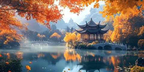 Obraz premium Tranquil Chinese Landscape with Autumn Foliage and Serene Reflection in Still Water