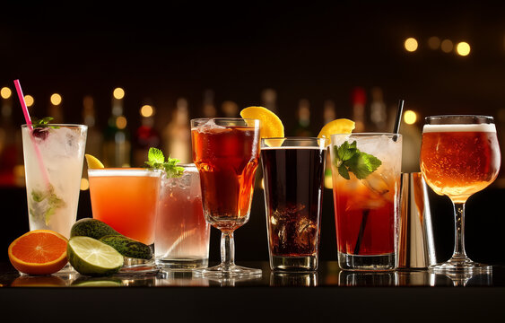 Different alcohol drinks on table in bar
