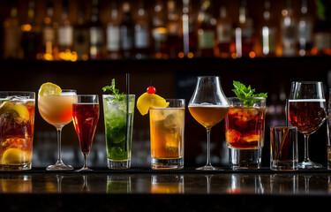 Different alcohol drinks on table in bar 
