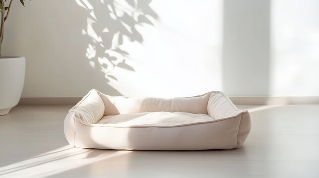 A white dog bed is sitting on a floor in a room