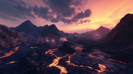 Fototapeta premium A dramatic volcanic landscape with fiery lava flows under a colorful sunset sky