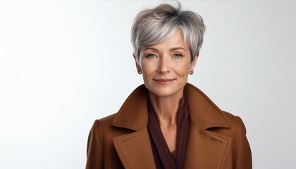 a fifty years old blonde woman with short shaved hair wearing a brown coat on a light grey background, fashion photography, fall winter collection	
