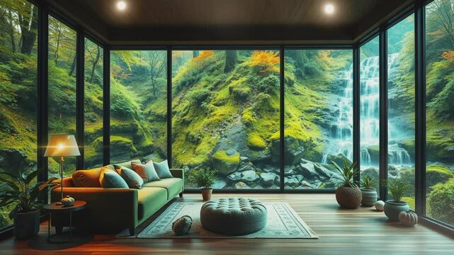 Living room with natural view, 4K seamless looping virtual video animation background