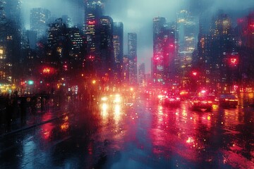 Obraz premium Rainy urban night with city lights and traffic, for web design