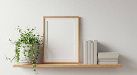 A simple and elegant wooden shelf featuring a blank wooden frame a potted plant with cascading green leaves