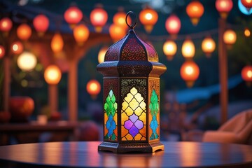 Festival arabic  style ramadan kareem lantern with beautiful lights. Ramadan mubarak