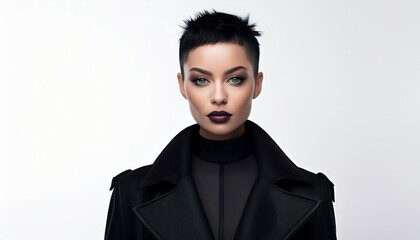a brunette woman with short shaved hair wearing a  black coat on a light grey background, fashion photography, fall winter collection