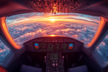 view from the cockpit of an airplane at sunset clouds