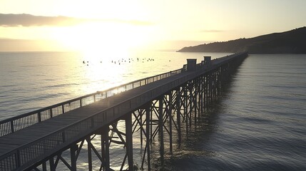 Obraz premium Long Structural Pier Stretching into Ocean at Sunrise in Photorealistic View