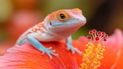 Colorful lizard on hibiscus, tropical garden