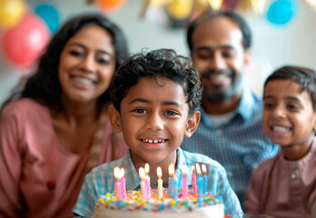 AI-generated photo of smiling Indian boy with family and cake at birthday party.  Close up family portrait
