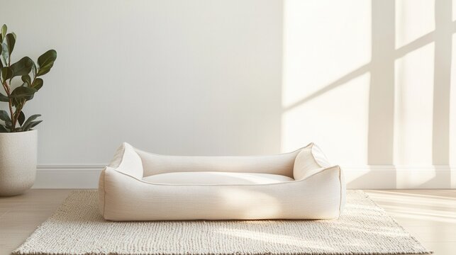 A white dog bed is placed in front of a white wall