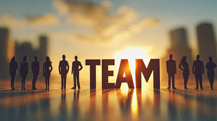 Teamwork Silhouettes at Sunset with Reflection and Bold Typography