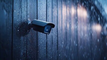 Atmospheric Shot of Security Camera Installed on Exterior Wall with Rain Falling in Soft Focus Background