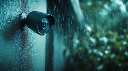Atmospheric Shot of Security Camera Positioned Against Wall in Rainy Environment for Surveillance Purposes