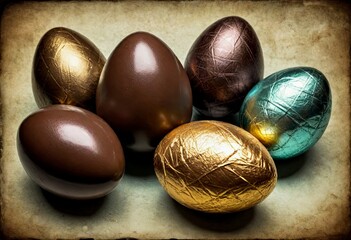 Obraz premium Five Decorated Chocolate Easter Eggs on Parchment Background