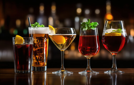 Different alcohol drinks on table in bar

