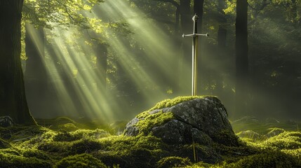 knights sword stuck in a moss stone in the forest and illuminated by sunlight
