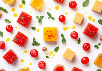 Overhead shot of vibrant red and yellow jelly cubes, cherry tomatoes, cheese pieces, and fresh mint leaves arranged on a white background with oil