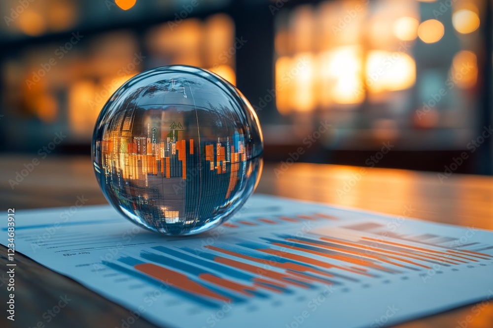 Aufkleber financial analytics represented with a glass orb reflecting bar charts in an office setting during s