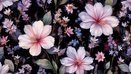 Abstract minimalist vibrant transparent wild flowers in oil painting seamless pattern with transparent leafs in lashes violet natural with lavender flowers, vintage, soft colours combination, digital 