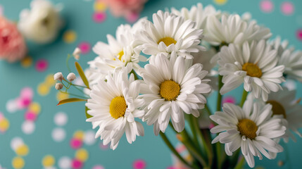 Fototapeta premium Happy Birthday Greeting Card. White flowers on a background