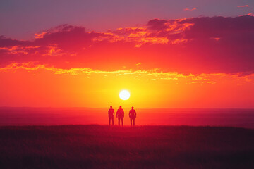 Fototapeta premium Three friends stand silhouetted against a breathtaking sunset, enjoying the vastness of the open landscape.