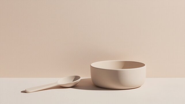 A white bowl and spoon are on a white background